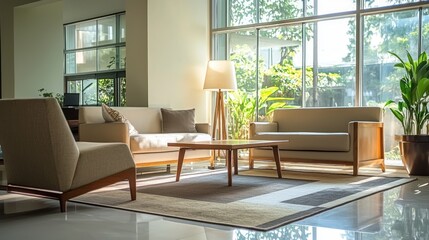Fototapeta premium A modern interior of a living room with contemporary furniture, bright windows, and a welcoming feel