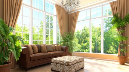 Sunlit Living Room: Luxurious brown leather sofa and ottoman set against a backdrop of floor-to-ceiling windows showcasing lush greenery, complemented by elegant gold curtains and potted plants.  