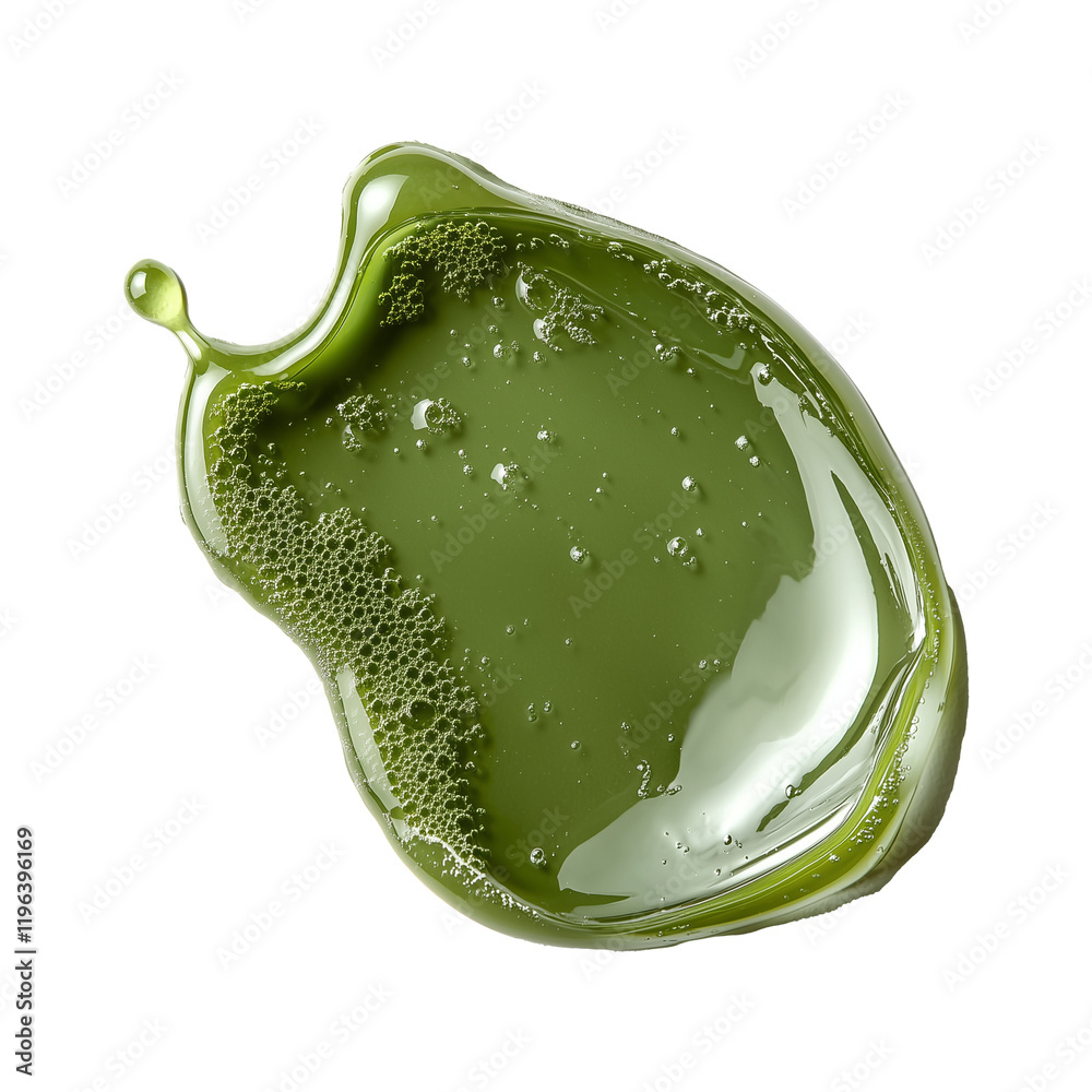 Poster olive green gel with bubbles isolated on transparency background, showcasing smooth texture and glos