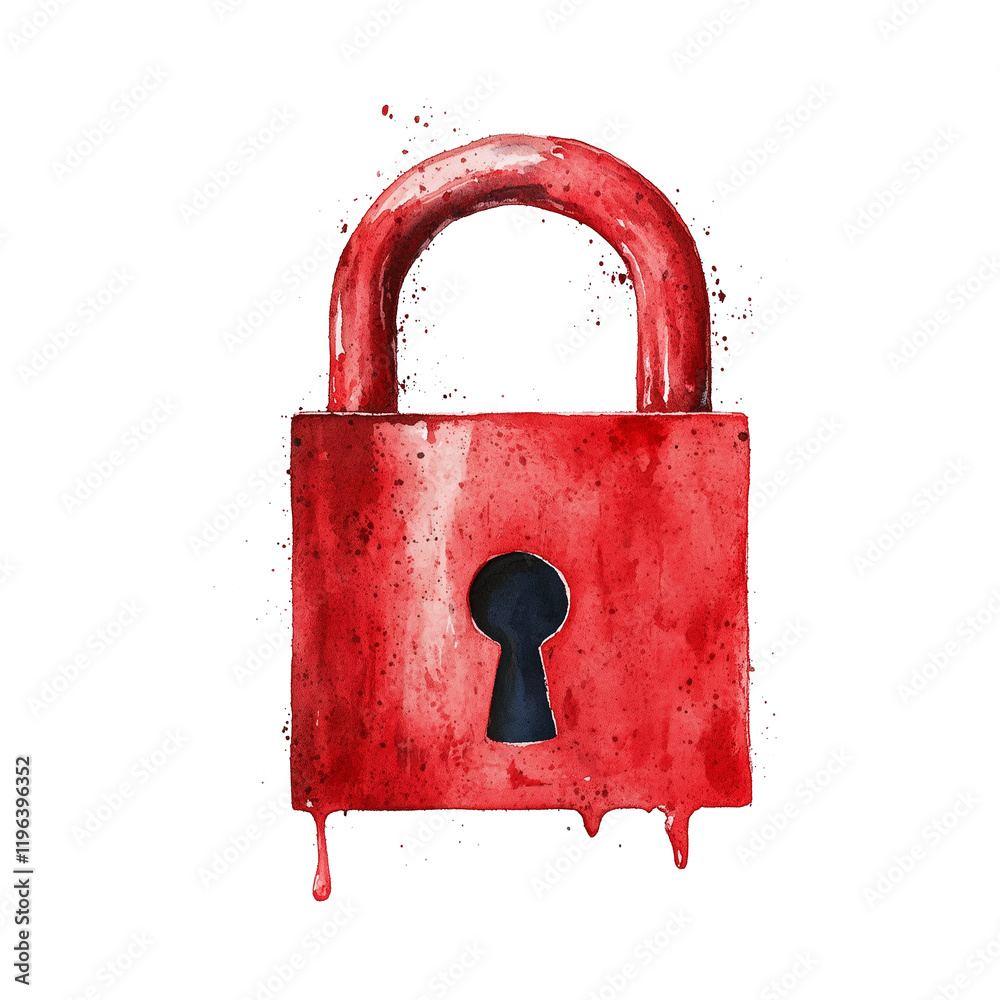 Poster vibrant watercolor illustration of red lock with keyhole, isolated on transparency background, symbo