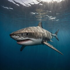 Naklejka premium A baby great white shark with a curious and playful look, isolated on white.
