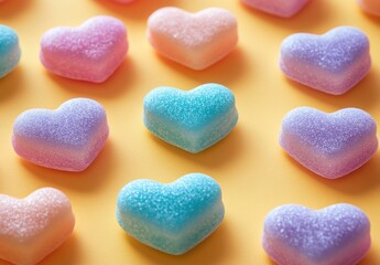Obraz premium Colorful Heart-Shaped Gummies on a Yellow Background Ideal for Valentine's Day Celebrations and Sweet Treat Promotions Featuring Perfect Pastel Shades