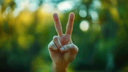 Peaceful Gesture, individual displaying a peace sign, vibrant green backdrop, ample central space for text, engaging and inviting composition