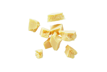 Closeup of parmesan cheese isolated on a transparent background without shadow from above, top view

