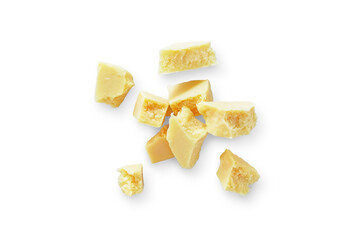Closeup of parmesan cheese isolated on a transparent background with shadow from above, top view
