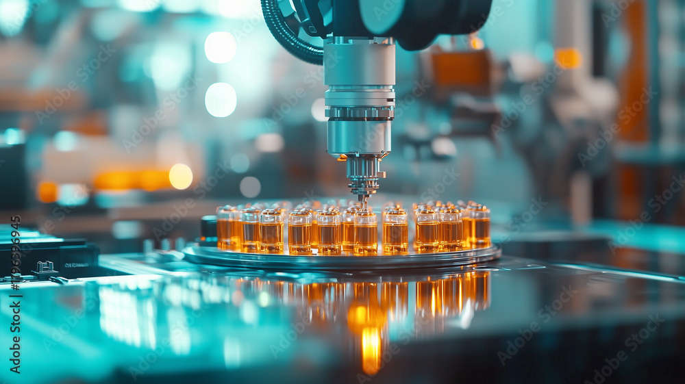 Aufkleber robotic arm operates in futuristic laboratory, precisely handling vials filled with liquid. advanced technology and automation highlight innovation in high tech environment
