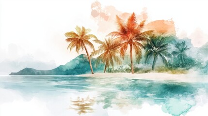 A dreamy tropical island watercolor painting featuring vibrant palms and soft rippling waves, isolated on a clean white background
