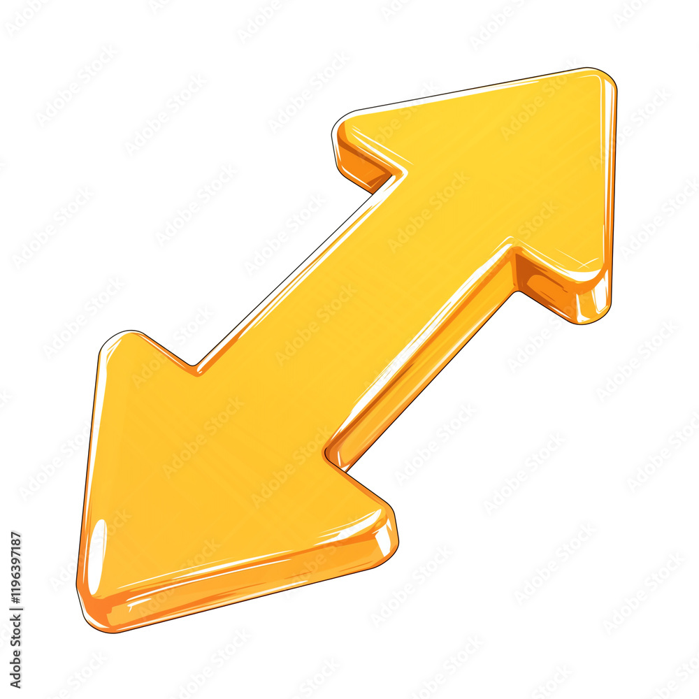 Poster shiny yellow double arrow with reflective surface isolated on transparency background, symbolizing direction and movement