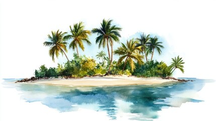 Fototapeta premium A dreamy watercolor island featuring leaning palms and golden sandy beaches under a clear blue sky, isolated on white