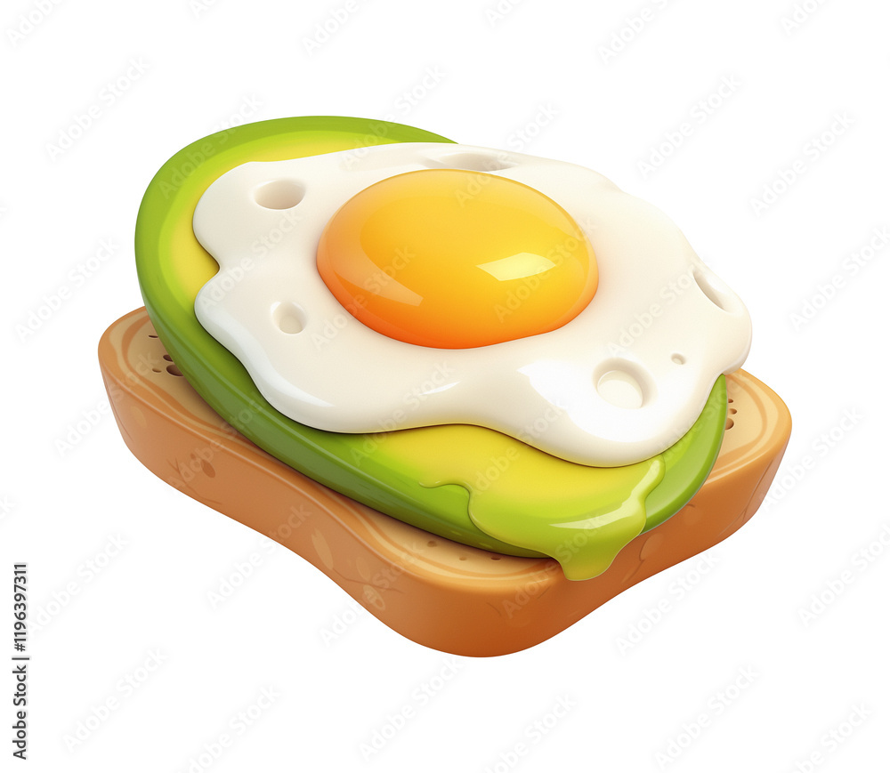 Poster 3d cartoon avocado toast with sunny side up egg on top, isolated on transparency background, showcas