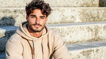 Obraz premium Confident Man in Hoodie: A handsome young man with dark hair and a well-groomed beard, wearing a casual beige hoodie, sits confidently on stone steps, his piercing gaze meeting the camera.