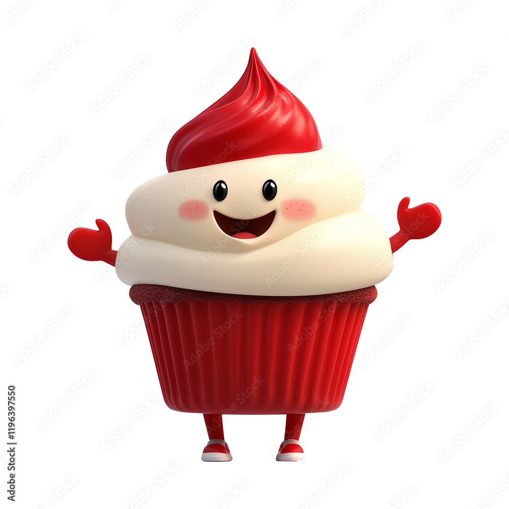 Poster cheerful 3d cartoon red velvet cupcake with smiling face and red frosting, isolated on transparency 