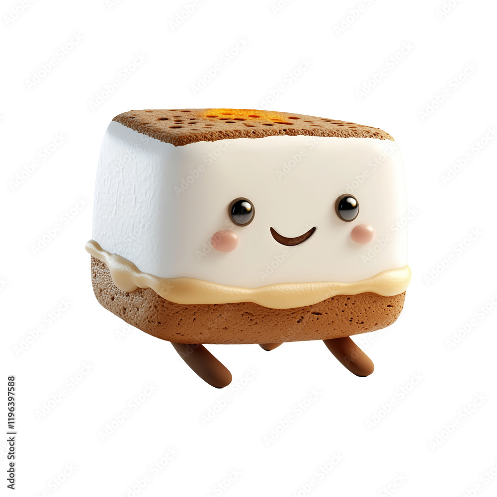 Poster Cute 3D cartoon smore character with smiling face, featuring toasted marshmallow, chocolate, and graham cracker layers, isolated on transparency background
