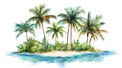 Fototapeta premium A lush tropical island with tall watercolor palm trees and shimmering ocean waves, creating a peaceful scene, isolated on white