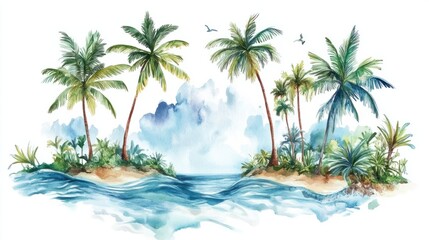 Fototapeta premium A lush tropical island with tall watercolor palm trees and shimmering ocean waves, creating a peaceful scene, isolated on white