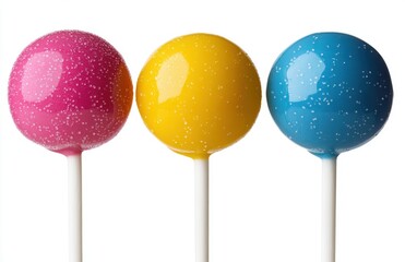 Colorful Lollipops in Pink, Yellow, and Blue with Shiny Coatings on White Sticks, Perfect for Sweet Treats, Desserts, and Celebrations