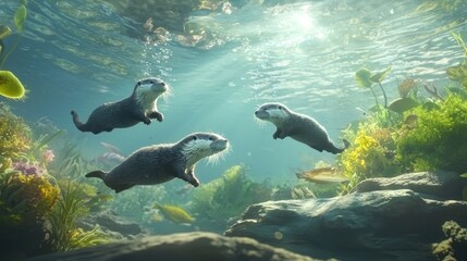 Obraz premium Three playful otters swimming underwater amidst vibrant flora.
