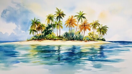 Fototapeta premium A peaceful watercolor painting of an island with vibrant palms and calm ocean waters, radiating tropical bliss, on white