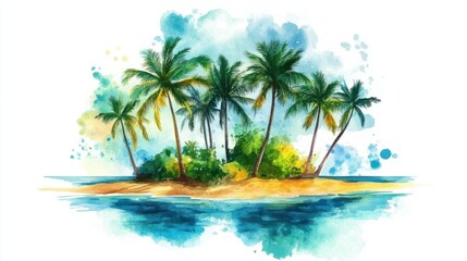Fototapeta premium A picturesque island with vibrant watercolor palms and a warm golden beach surrounded by turquoise waters, on white