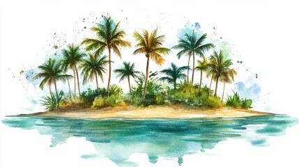 Fototapeta premium A picturesque island with vibrant watercolor palms and a warm golden beach surrounded by turquoise waters, on white