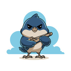 A cartoon bird with a blue and white color scheme, standing confidently with an angry expression.