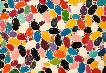 Fototapeta premium Colorful Polka Dot Pattern of Various Jelly Beans on a Light Background, Perfect for Illustrations, Food Designs, Artistic Projects, or Marketing Material Focused on Sweets