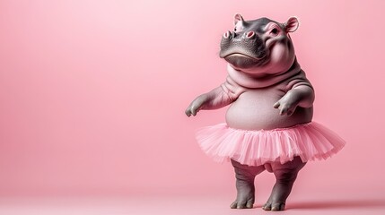 On a pink background with copy space, a hippo dancing in a ballerina skirt