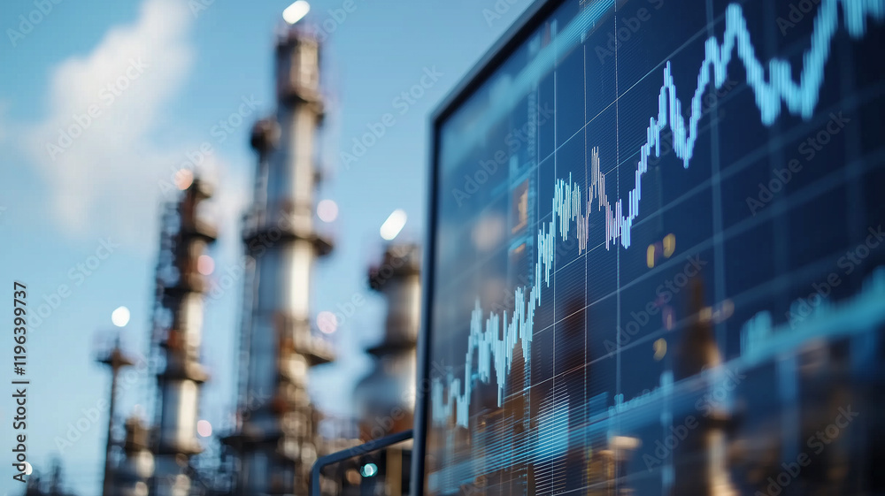 Poster digital display shows fluctuating stock market data against backdrop of oil refinery, highlighting c