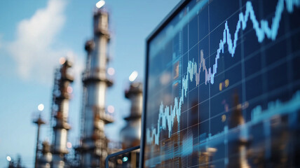 digital display shows fluctuating stock market data against backdrop of oil refinery, highlighting connection between energy production and financial markets