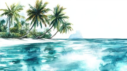 Fototapeta premium A serene tropical watercolor painting of an island paradise with swaying palms and rippling turquoise waters, on white