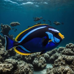 Fototapeta premium Photograph a regal blue tang gliding through the water.