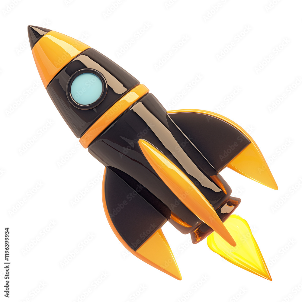 Poster sleek black rocket with glowing orange thrusters is isolated on transparency background, showcasing 