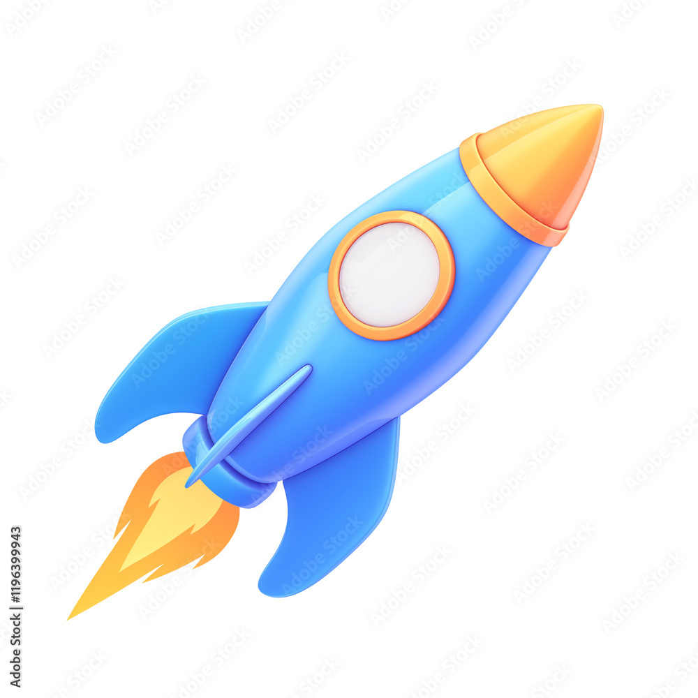 Poster blue rocket with lightning bolt decals is isolated on transparency background, featuring vibrant col