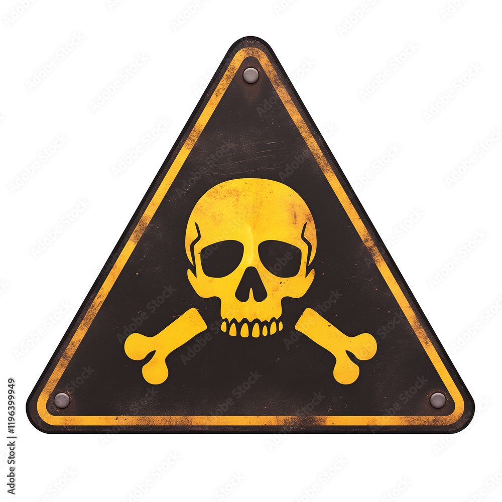 Poster black warning sign with neon glow features skull and crossbones, isolated on transparency background