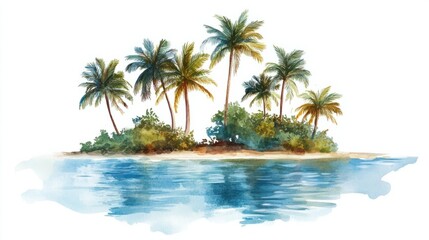 A serene watercolor island with tall palms and a sandy shore, surrounded by a gradient blue ocean, isolated on white
