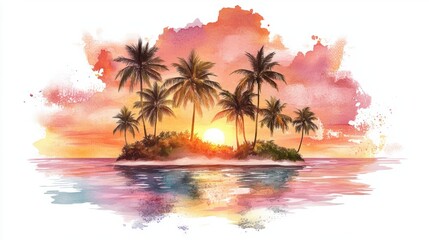 Obraz premium A small tropical island with swaying watercolor palms under a pastel pink and orange sunset sky, isolated on white