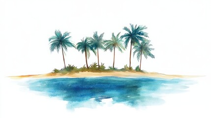 A serene watercolor island with tall palms and a sandy shore, surrounded by a gradient blue ocean, isolated on white