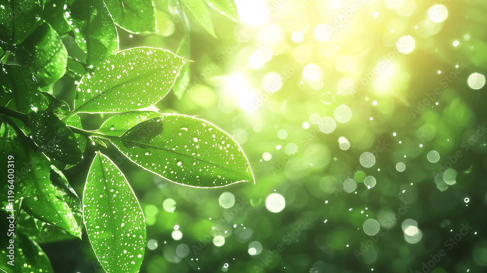 Poster vibrant green leaves with dewdrops glistening in sunlight, creating serene and refreshing atmosphere