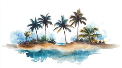 Fototapeta premium A small tropical oasis with watercolor palms and soft sand, set against a gradient blue sea, isolated on white