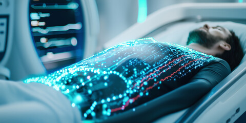 futuristic health device scans patient in high tech medical facility, displaying digital data on screen. scene is illuminated with blue and white lights, creating modern and advanced atmosphere