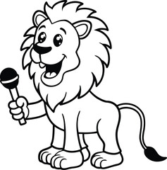 Cartoon lion holding a microphone vector design, cartoon lion holding a microphone silhouette vector art, cartoon lion holding a microphone line art vector illustration