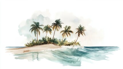 Fototapeta premium A soft watercolor painting of a tropical island with gentle waves, sandy beaches, and leaning palm trees, isolated on white