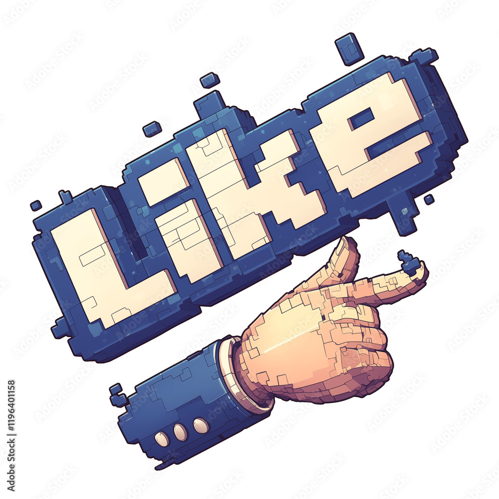 Poster pixelated design of word Like in cobalt blue with pointing hand, conveying digital approval or social media interaction. retro style adds nostalgic touch
