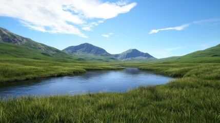 Fototapeta premium Serene landscape featuring a river and rolling green hills.