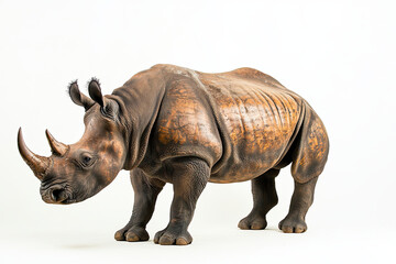 Fototapeta premium Rhinoceros in a standing pose on a white background, showing off its horned profile