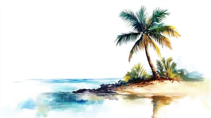 Fototapeta premium A tranquil watercolor tropical island with a single tall palm tree swaying over a peaceful shore, isolated on white
