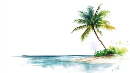 A tranquil watercolor tropical island with a single tall palm tree swaying over a peaceful shore, isolated on white