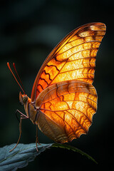 Obraz premium Amber Butterfly Wings Illuminated On Leaf