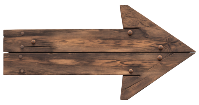dark mahogany wooden arrow sign with rustic finish, isolated on transparency background, featuring visible wood grain and metal rivets for vintage look