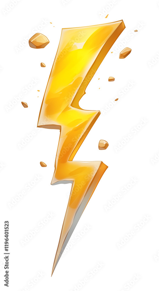 Poster vibrant yellow lightning bolt with metallic sheen is surrounded by small fragments, creating dynamic and energetic visual